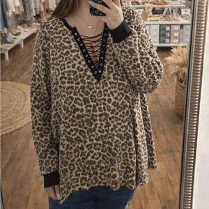 Lovely Melody Leopard Print Lace-Up V-Neck Top in Tan and Black